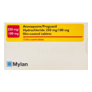 Box of Atovaquone/Proguanil Tablets for malaria prevention