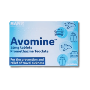 Box of Avomine 25mg Tablets used to treat motion sickness and nausea