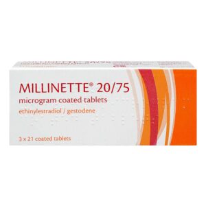 Box of Millinette 20/75 microgram tablets for oral contraception