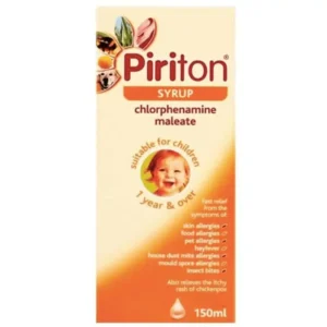 Piriton Syrup bottle and box for children’s allergy relief