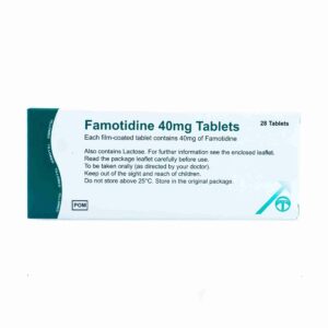 Box of Famotidine 20 mg tablets for acid reflux relief