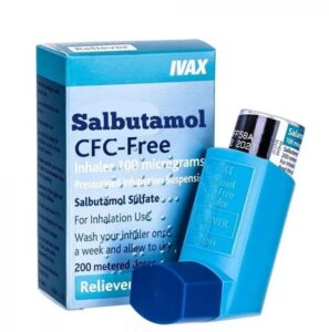 Box of Salbutamol Inhaler used to treat asthma and COPD