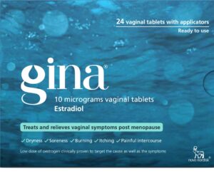 Box of Gina vaginal oestrogen tablets used to treat menopause symptoms