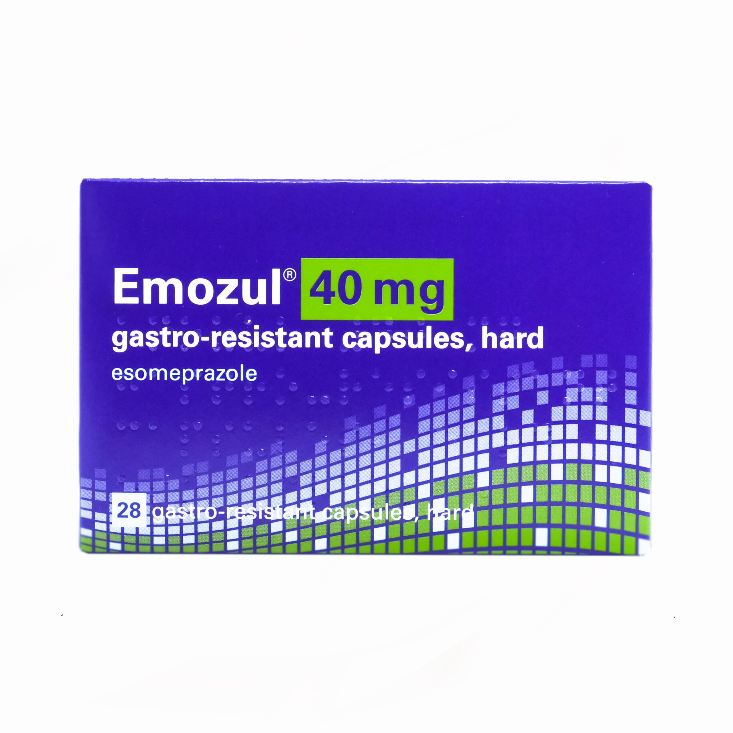 Box of Emozul esomeprazole capsules used for GORD and stomach ulcers