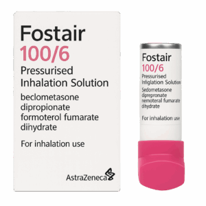 Box of Fostair 100/6 Inhaler used for asthma treatment