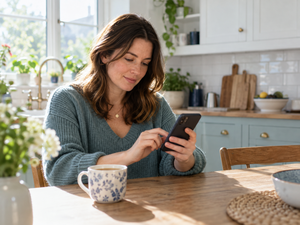 Woman completing an online pharmacy consultation at her kitchen table